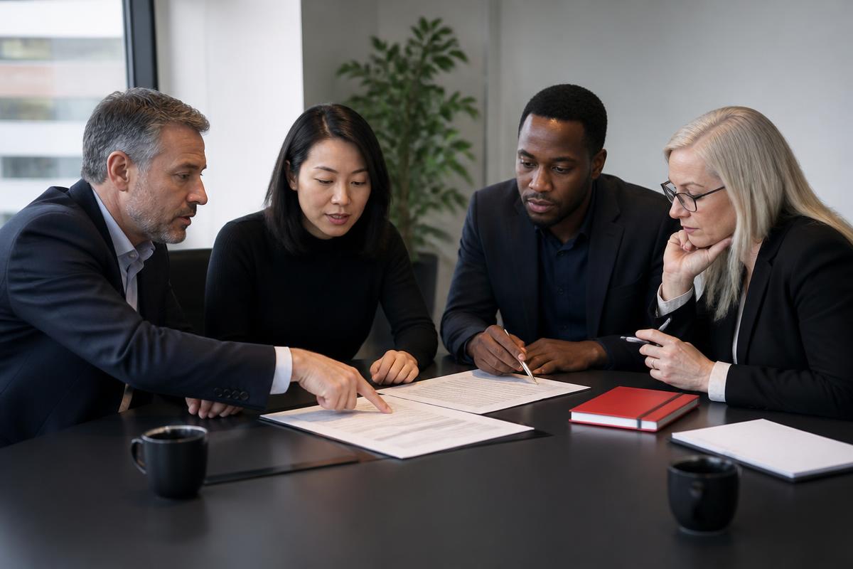 A diverse team of professional translators collaborating in a modern office meeting room